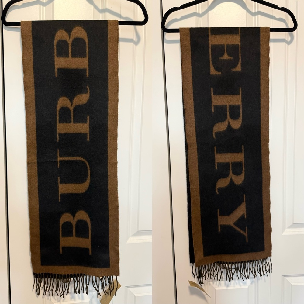NWT Burberry Logo Cashmere Black and Brown Scarf - Picture 4 of 11